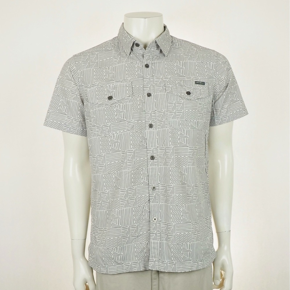 Eddie Bauer Button Down Shirt Mens Medium Gray Tribal Slim Fit Outdoor Hiking
